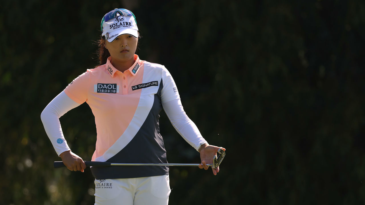 PALOS VERDES ESTATES, CALIFORNIA - MAY 01: Jin Young Ko of South Korea lines up her par putt on the 16th green during the final round of the Palos Verdes Championship Presented by Bank of America at Palos Verdes Golf Club on May 01, 2022 in Palos Verdes Estates, California.