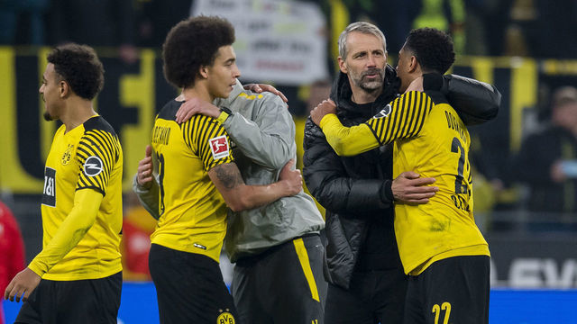 DORTMUND, GERMANY - NOVEMBER 20: Head coach Marco Rose, Axel Witsel and Jude Bellingham of Borussia Dortmund after the final whistle during the Bundesliga match between Borussia Dortmund and VfB Stuttgart at the Signal Iduna Park on November 20, 2021 in Dortmund, Germany.