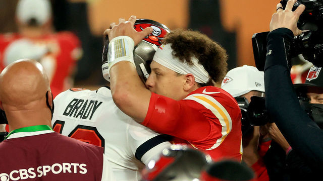 TAMPA, FLORIDA - FEBRUARY 07: Tom Brady #12 of the Tampa Bay Buccaneers and Patrick Mahomes #15 of the Kansas City Chiefs speak after Super Bowl LV at Raymond James Stadium on February 07, 2021 in Tampa, Florida. The Buccaneers defeated the Chiefs 31-9.