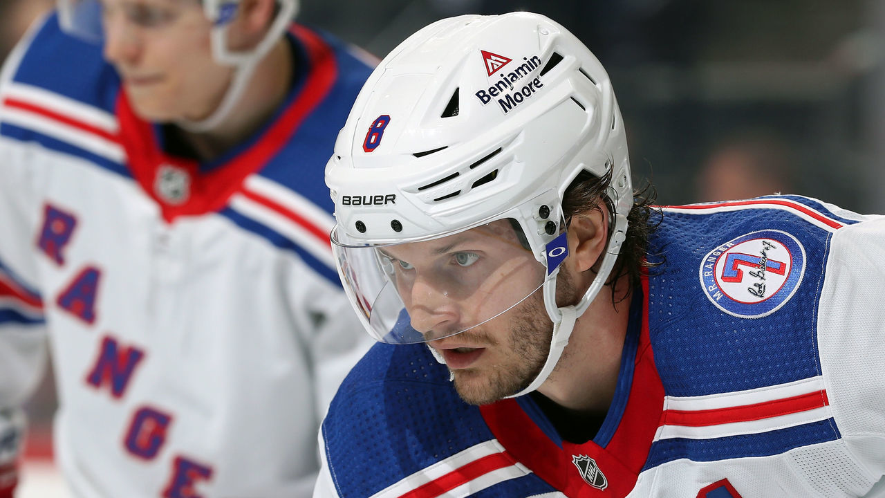 PHILADELPHIA, PA - APRIL 13: Jacob Trouba #8 of the New York Rangers looks on against the Philadelphia Flyers at the Wells Fargo Center on April 13, 2022 in Philadelphia, Pennsylvania.