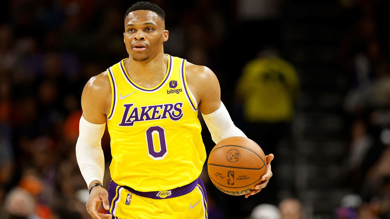 PHOENIX, ARIZONA - APRIL 05: Russell Westbrook #0 of the Los Angeles Lakers handles the ball during the first half of the NBA game at Footprint Center on April 05, 2022 in Phoenix, Arizona. NOTE TO USER: User expressly acknowledges and agrees that, by downloading and or using this photograph, User is consenting to the terms and conditions of the Getty Images License Agreement.