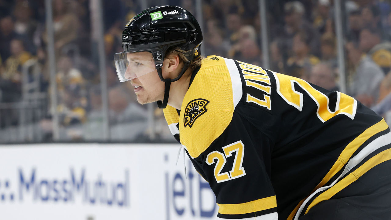 BOSTON, MA - APRIL 23: Boston Bruins defenseman Hampus Lindholm (27) during a game between the Boston Bruins and the New York Rangers on April 23, 2022, at TD Garden in Boston, Massachusetts.