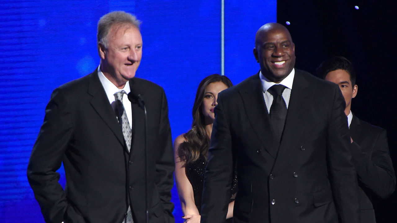 SANTA MONICA, CA - JUNE 24: Larry Bird and Magic Johnson receive the NBA Lifetime Achievement Award during the 2019 NBA Awards Show on June 24, 2019 at Barker Hangar in Santa Monica, California. NOTE TO USER: User expressly acknowledges and agrees that, by downloading and/or using this photograph, user is consenting to the terms and conditions of the Getty Images License Agreement. Mandatory Copyright Notice: Copyright 2019 NBAE