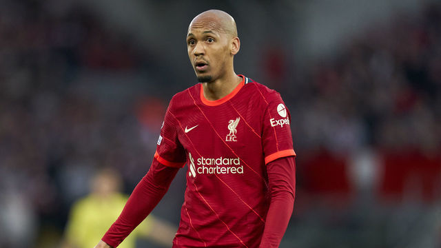 LIVERPOOL, ENGLAND - APRIL 27: Fabio Hernique Tavares "Fabinho" of Liverpool looks on during the UEFA Champions League Semi Final Leg One match between Liverpool and Villarreal at Anfield on April 27, 2022 in Liverpool, England.