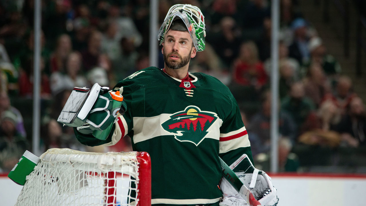 SAINT PAUL, MN - APRIL 28: Minnesota Wild Goalie Cam Talbot (33) takes a drink from his water bottle during the NHL game between the Calgary Flames and the Minnesota Wild on April 28th, 2022, at Target Field in Saint Paul, MN.