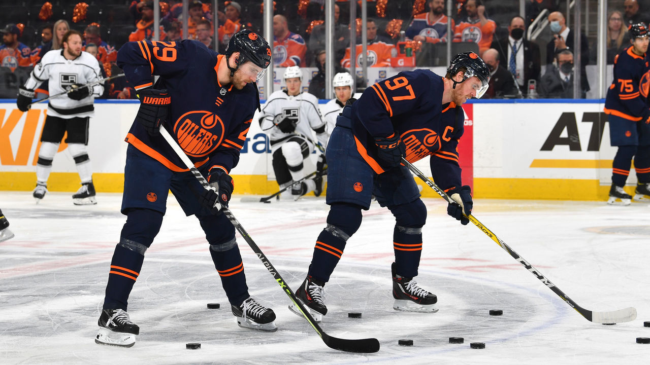 EDMONTON, AB - MAY 4: Connor McDavid #97 and Leon Draisaitl #29 of the Edmonton Oilers warm up prior to Game Two of the First Round of the 2022 Stanley Cup Playoffs against the Los Angeles Kings on May 4, 2022 at Rogers Place in Edmonton, Alberta, Canada.