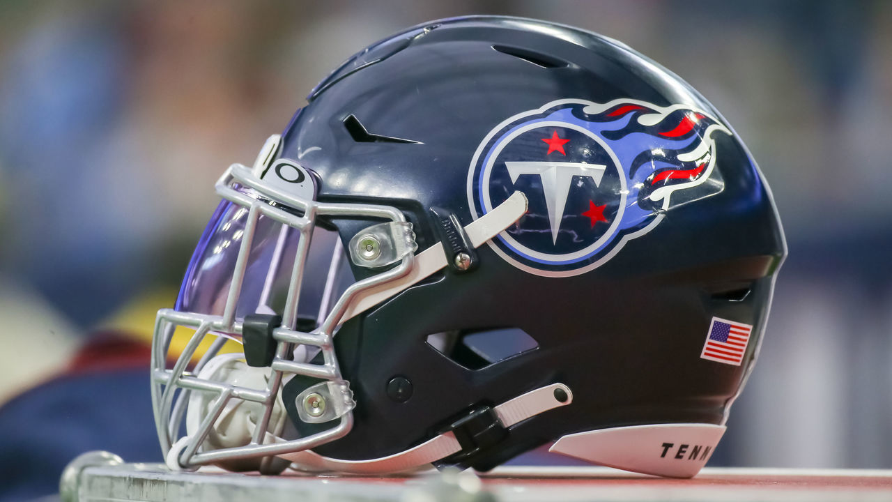 HOUSTON, TX - JANUARY 09: Tennessee Titans helmet rests on equipment trunk during the NFL game between the Tennessee Titans and Houston Texans on January 9, 2022 at NRG Stadium in Houston, Texas.