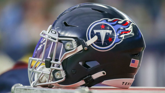 HOUSTON, TX - JANUARY 09: Tennessee Titans helmet rests on equipment trunk during the NFL game between the Tennessee Titans and Houston Texans on January 9, 2022 at NRG Stadium in Houston, Texas.