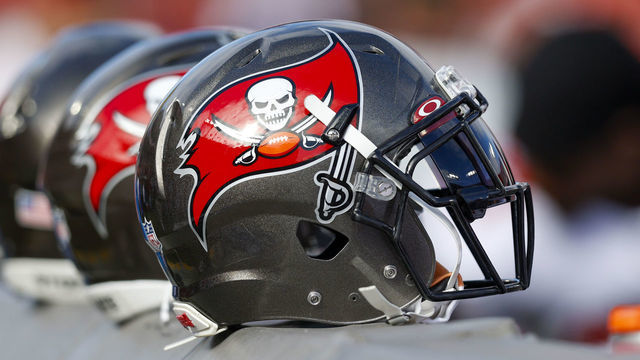 TAMPA, FL - JANUARY 23: Tampa Bay Buccaneers helmet during the NFC Divisional playoff game between the Los Angeles Rams and the Tampa Bay Buccaneers on January 23, 2022, at Raymond James Stadium in Tampa , FL.