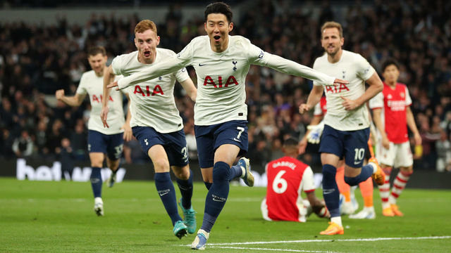 LONDON, ENGLAND - MAY 12: Son Heung-Min of Tottenham Hotspur celebrates after scoring a goal to make it 3-0 during the Premier League match between Tottenham Hotspur and Arsenal at Tottenham Hotspur Stadium on May 12, 2022 in London, United Kingdom.