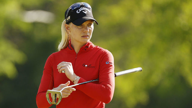 CLIFTON, NEW JERSEY - MAY 12: Madelene Sagstrom of Sweden reacts after sinking a putt on the 14th green during the first round of the Cognizant Founders Cup at Upper Montclair Country Club on May 12, 2022 in Clifton, New Jersey.