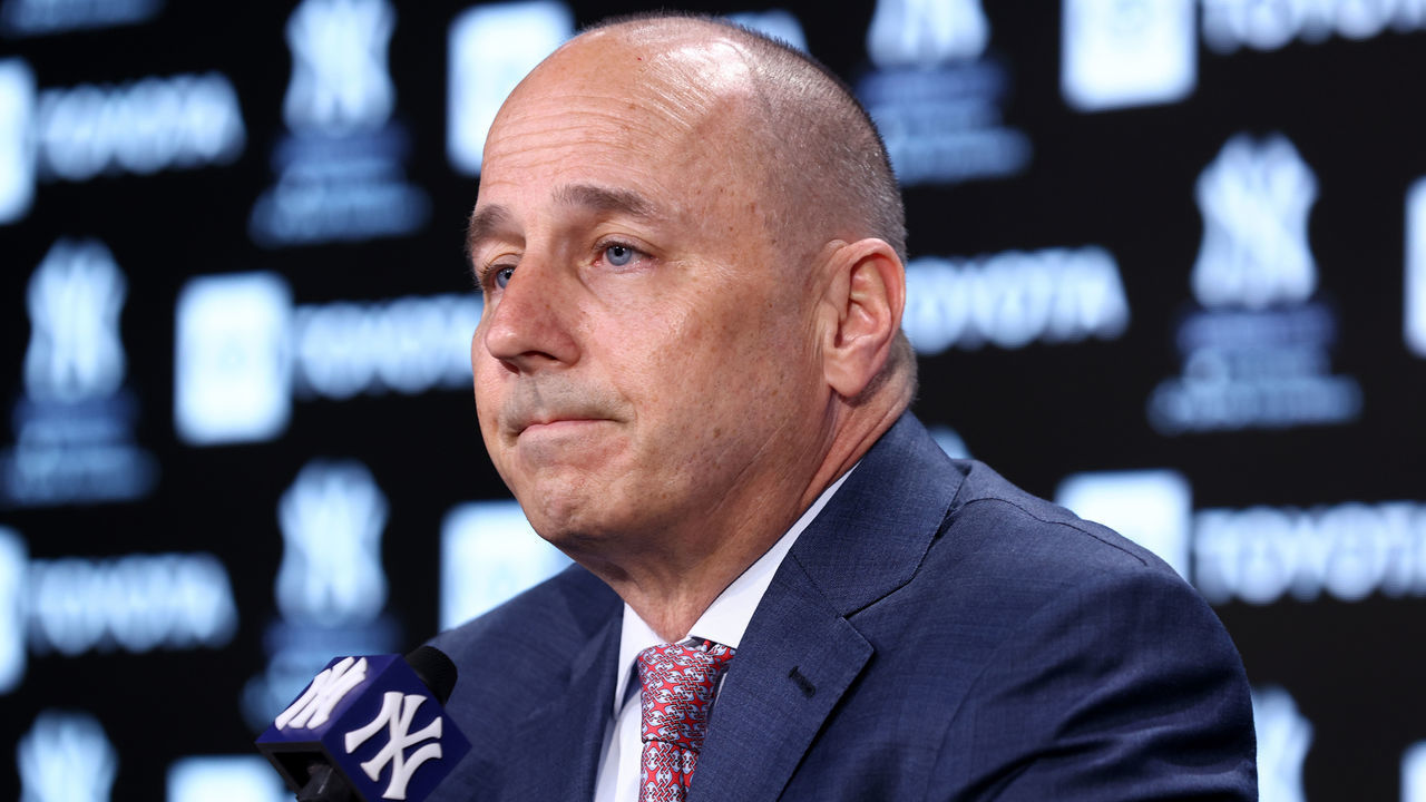 NEW YORK, NEW YORK - APRIL 08: New York Yankees General Manager Brian Cashman speaks to the media prior to the start of the game against the Boston Red Sox at Yankee Stadium on April 08, 2022 in New York City.
