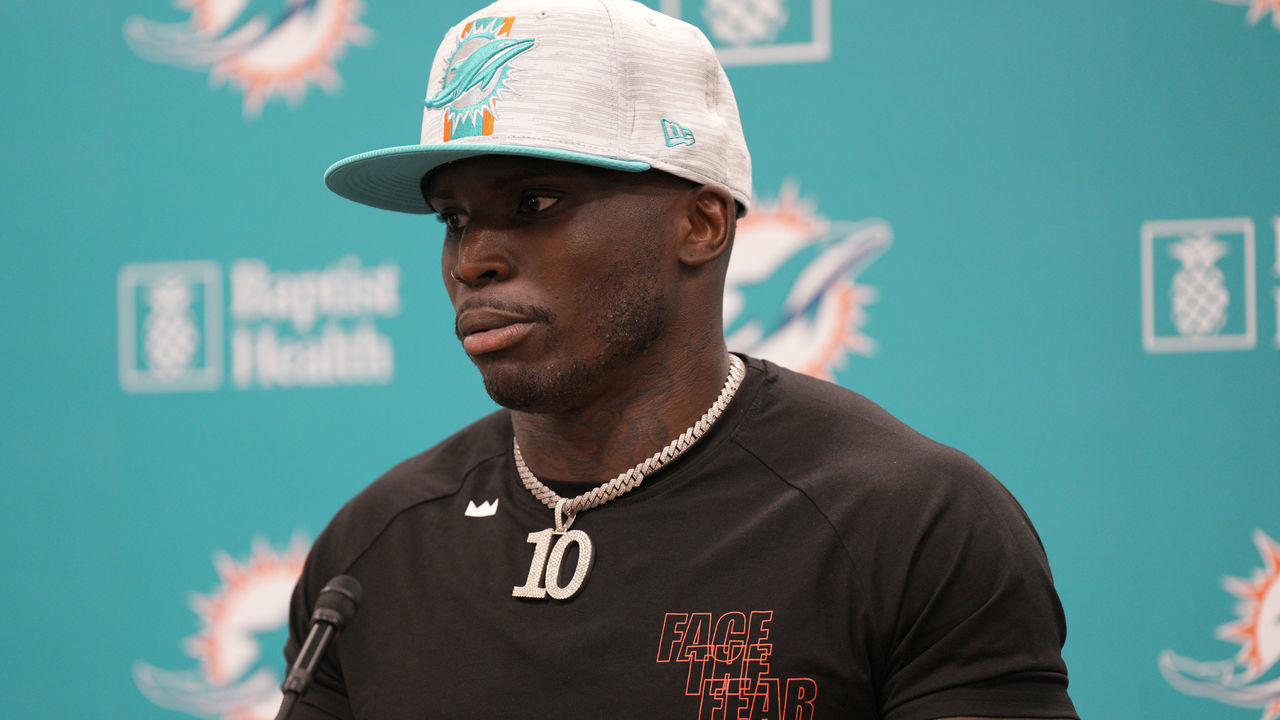 MIAMI GARDENS, FLORIDA - MARCH 24: Tyreek Hill speaks with the media after being introduced by the Miami Dolphins at Baptist Health Training Complex on March 24, 2022 in Miami Gardens, Florida.