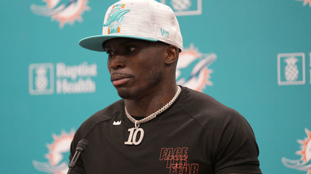 MIAMI GARDENS, FLORIDA - MARCH 24: Tyreek Hill speaks with the media after being introduced by the Miami Dolphins at Baptist Health Training Complex on March 24, 2022 in Miami Gardens, Florida.