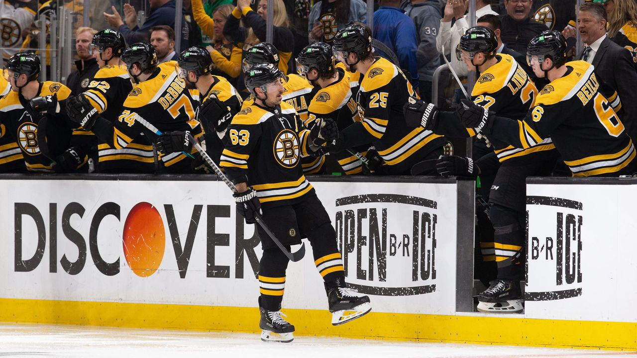BOSTON, MA - MAY 12: Brad Marchand #63 of the Boston Bruins celebrates his goal against the Carolina Hurricanes during the second period in Game Six of the First Round of the 2022 Stanley Cup Playoffs at the TD Garden on May 12, 2022 in Boston, Massachusetts.