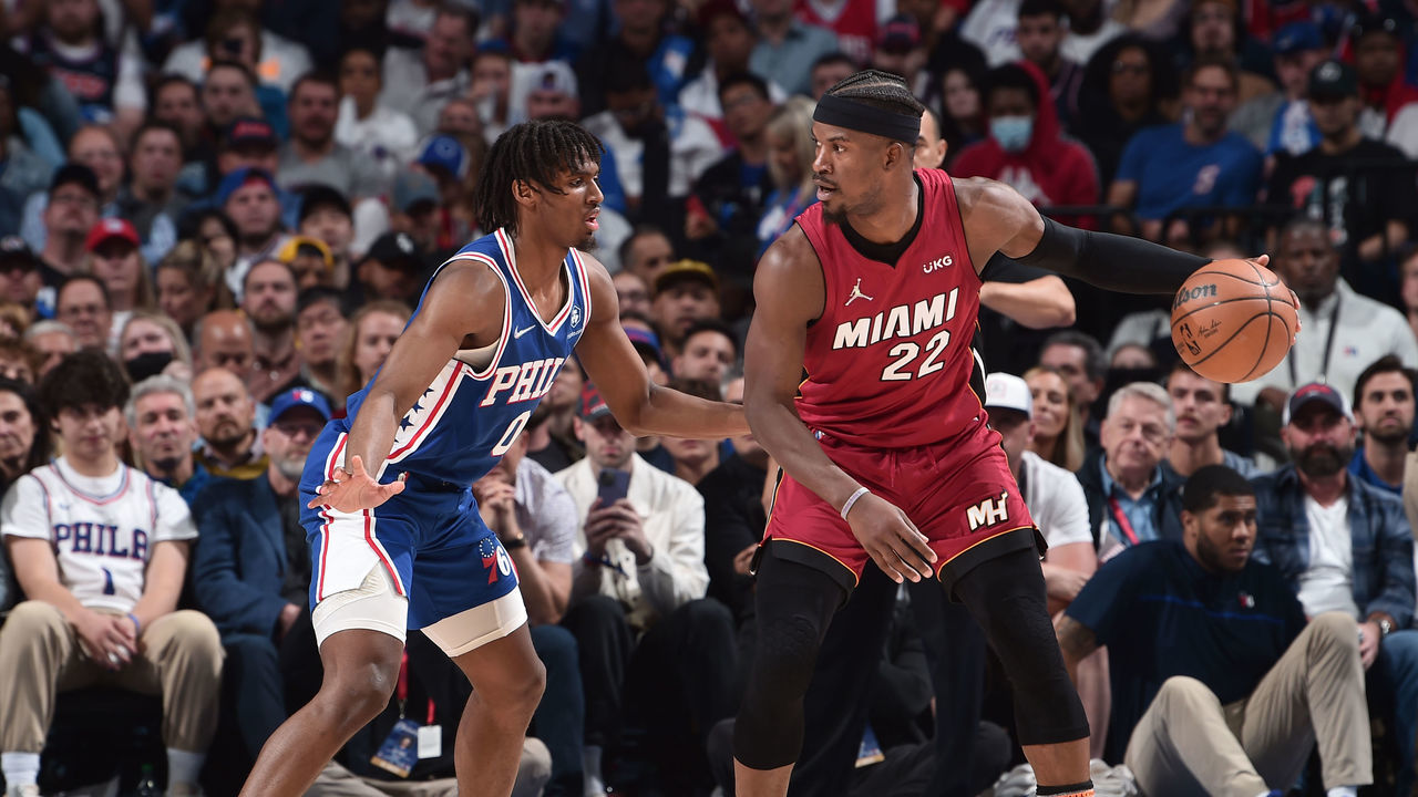PHILADELPHIA, PA - MAY 12: Jimmy Butler #22 of the Miami Heat looks to pass the ball against the Philadelphia 76ers during Game 6 of the 2022 NBA Playoffs Eastern Conference Semifinals on May 12, 2022 at the Wells Fargo Center in Philadelphia, Pennsylvania NOTE TO USER: User expressly acknowledges and agrees that, by downloading and/or using this Photograph, user is consenting to the terms and conditions of the Getty Images License Agreement. Mandatory Copyright Notice: Copyright 2022 NBAE
