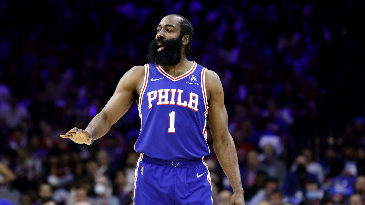 PHILADELPHIA, PENNSYLVANIA - MAY 12: James Harden #1 of the Philadelphia 76ers in Game Six of the 2022 NBA Playoffs Eastern Conference Semifinals at Wells Fargo Center on May 12, 2022 in Philadelphia, Pennsylvania. NOTE TO USER: User expressly acknowledges and agrees that, by downloading and/or using this photograph, User is consenting to the terms and conditions of the Getty Images License Agreement.