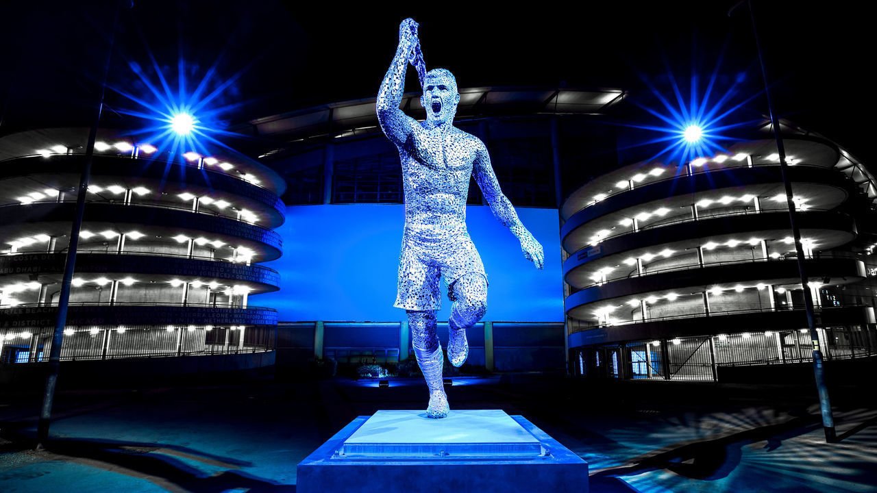 MANCHESTER, ENGLAND - MAY 13: (EXCLUSIVE COVERAGE) Manchester City unveil statue of Sergio Aguero at Etihad Stadium on May 13, 2022 in Manchester, England.