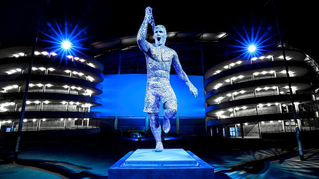 MANCHESTER, ENGLAND - MAY 13: (EXCLUSIVE COVERAGE) Manchester City unveil statue of Sergio Aguero at Etihad Stadium on May 13, 2022 in Manchester, England.