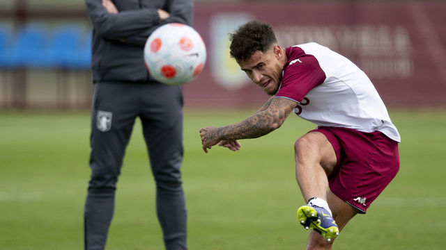 BIRMINGHAM, ENGLAND - MAY 13: Philippe Coutinho of Aston Villa in action during a training session at Bodymoor Heath training ground on May 13, 2022 in Birmingham, England.