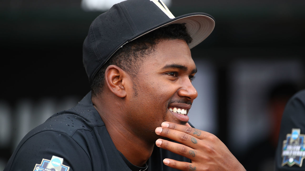 OMAHA, NE - JUNE 29: Kumar Rocker #80 of the Vanderbilt Commodores reacts before the game against the Mississippi St. Bulldogs during the Division I Men's Baseball Championship held at TD Ameritrade Park Omaha on June 29, 2021 in Omaha, Nebraska.