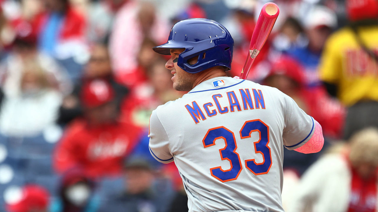 PHILADELPHIA, PA - MAY 08: James McCann #33 of the New York Mets in action against the Philadelphia Phillies during game one of a double header at Citizens Bank Park on May 8, 2022 in Philadelphia, Pennsylvania.
