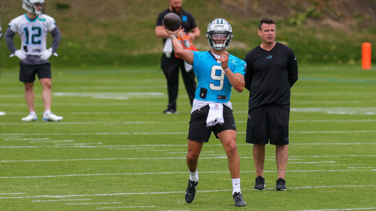CHARLOTTE, NC - MAY 13: Carolina Panthers Quarterback Matt Corral (9) throws the ball during day one of the Rookie Mini Camp on May 13, 2022 at the Carolina Panthers Practice Facility in Charlotte, NC.