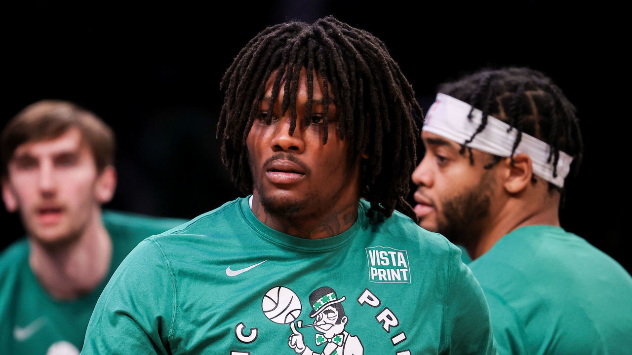 NEW YORK, NY - APRIL 25: Robert Williams III of Boston Celtics warms up before NBA playoffs between Brooklyn Nets and Boston Celtics at the Barclays Center in Brooklyn of New York City, United States on April 25, 2022.