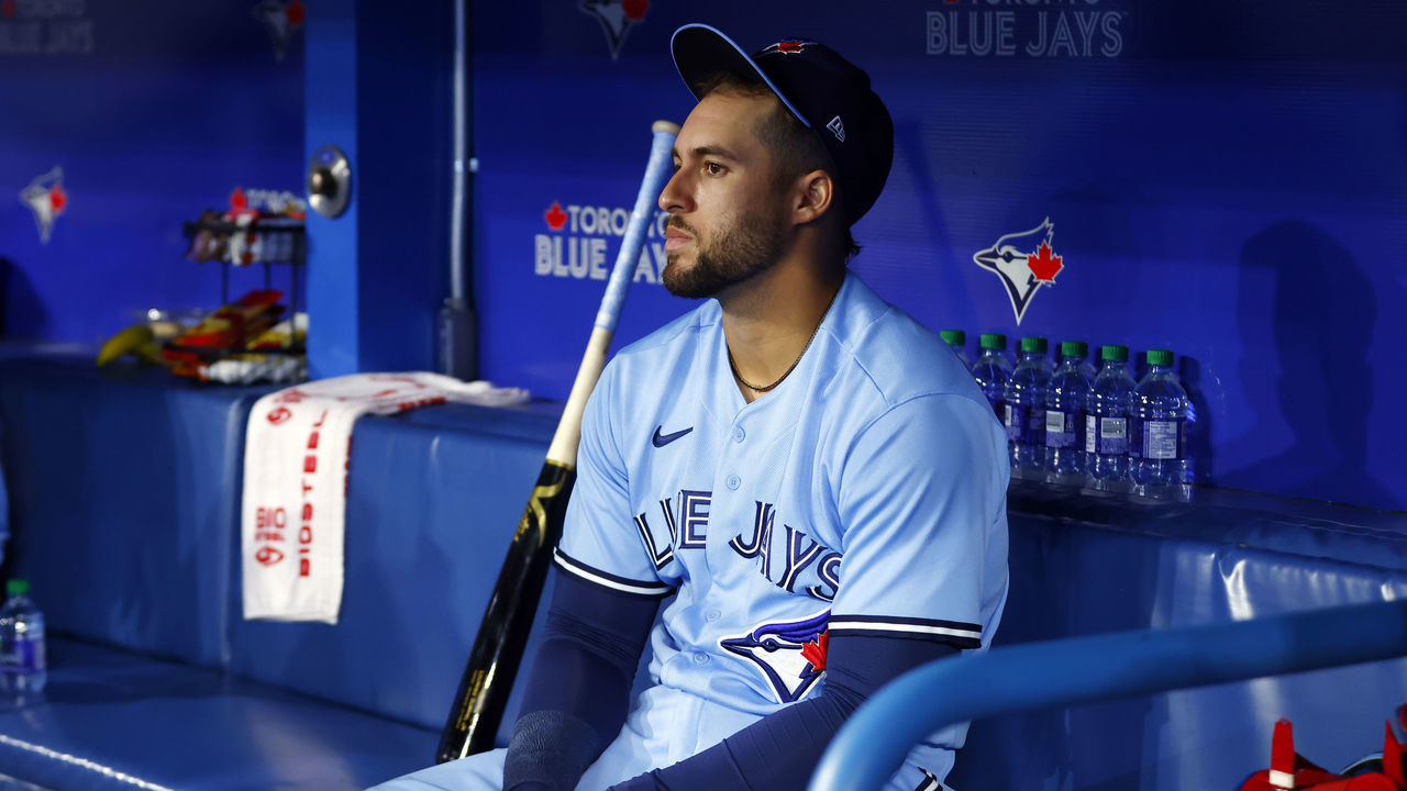 TORONTO, ON - MAY 4: George Springer #4 of the Toronto Blue Jays looks on from the dugout prior to a MLB game against the New York Yankees at Rogers Centre on May 4, 2022 in Toronto, Ontario, Canada.