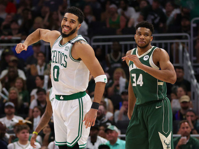 MILWAUKEE, WISCONSIN - MAY 13: Jayson Tatum #0 of the Boston Celtics celebrates a basket against Giannis Antetokounmpo #34 of the Milwaukee Bucks during the third quarter in Game Six of the 2022 NBA Playoffs Eastern Conference Semifinals at Fiserv Forum on May 13, 2022 in Milwaukee, Wisconsin. NOTE TO USER: User expressly acknowledges and agrees that, by downloading and/or using this photograph, User is consenting to the terms and conditions of the Getty Images License Agreement.