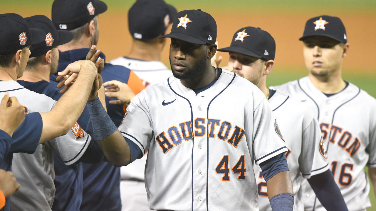 WASHINGTON, DC - MAY 13: Yordan Alvarez #44 of the Houston Astros celebrates a win after a baseball game against the Washington Nationals at Nationals Park on May 13, 2022 in Washington, DC.
