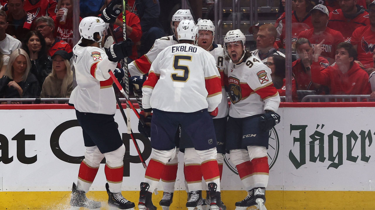 WASHINGTON, DC - MAY 13: Ryan Lomberg #94 of the Florida Panthers celebrates his goal with teammates against the Washington Capitals during the second period in Game Six of the First Round of the 2022 Stanley Cup Playoffs at Capital One Arena on May 13, 2022 in Washington, DC.