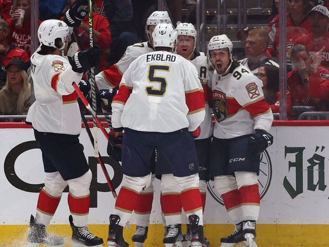 WASHINGTON, DC - MAY 13: Ryan Lomberg #94 of the Florida Panthers celebrates his goal with teammates against the Washington Capitals during the second period in Game Six of the First Round of the 2022 Stanley Cup Playoffs at Capital One Arena on May 13, 2022 in Washington, DC.