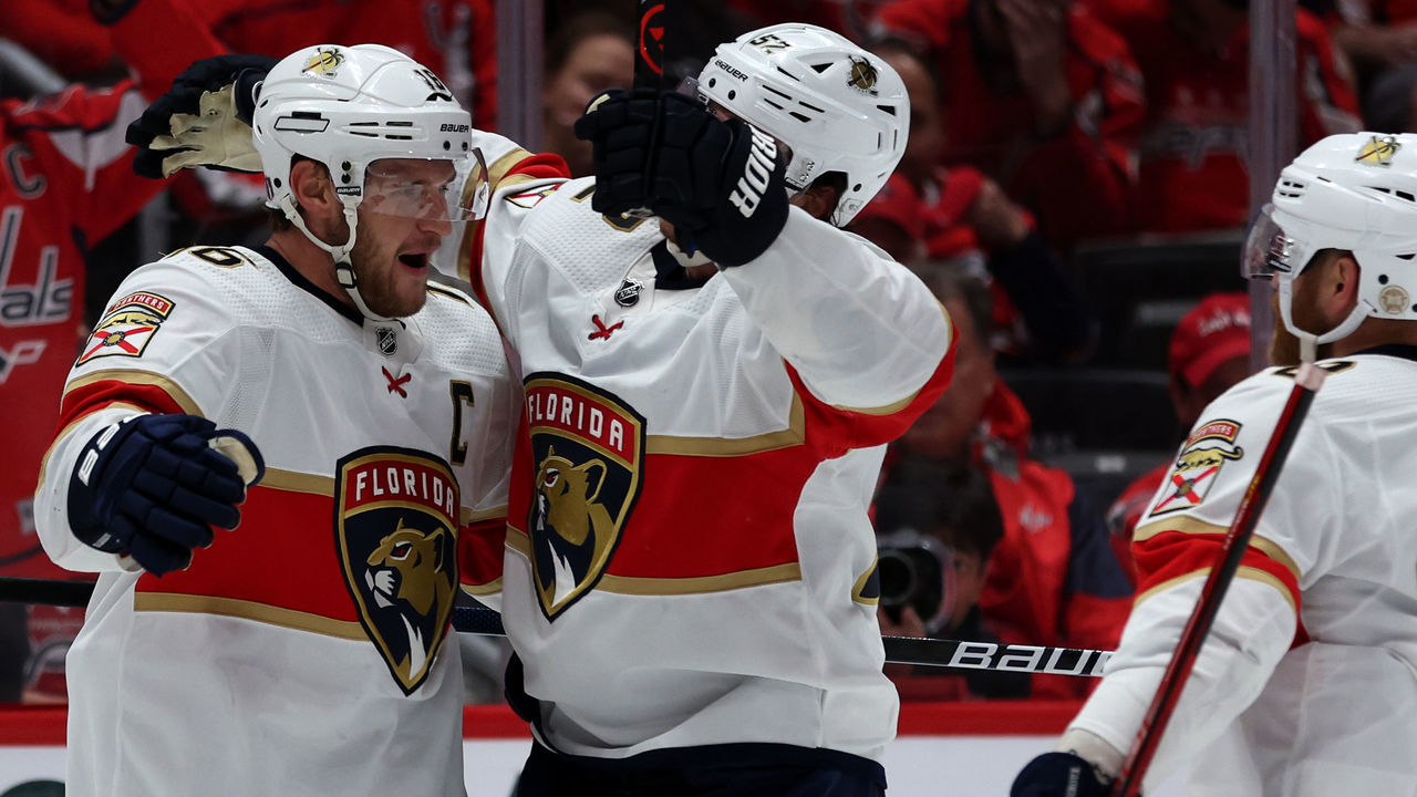 WASHINGTON, DC - MAY 13: Aleksander Barkov #16 of the Florida Panthers celebrates after scoring a goal against the Washington Capitals during the third period in Game Six of the First Round of the 2022 Stanley Cup Playoffs at Capital One Arena on May 13, 2022 in Washington, DC.