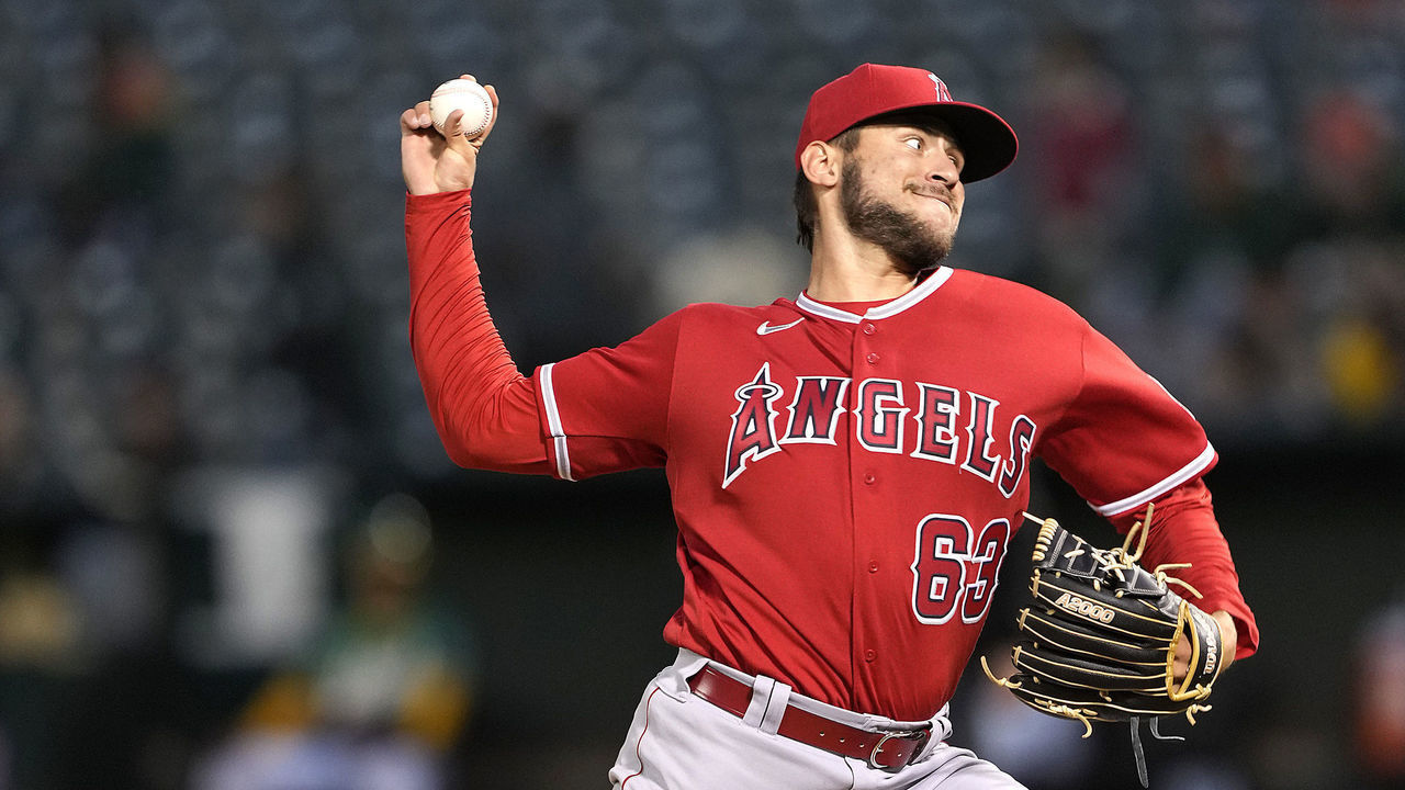 OAKLAND, CALIFORNIA - MAY 13: Starting pitcher Chase Silseth #63 of the Los Angeles Angels making his major league debut pitches against the Oakland Athletics in the bottom of the fifth inning at RingCentral Coliseum on May 13, 2022 in Oakland, California.