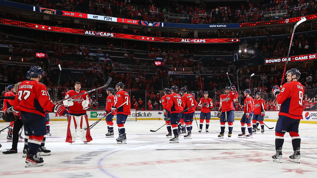 WASHINGTON, DC - MAY 13: The Washington Capitals thank their fans after falling to the Florida Panthers in Game Six of the First Round of the 2022 Stanley Cup Playoffs at Capital One Arena on May 13, 2022 in Washington, D.C.