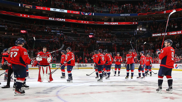 WASHINGTON, DC - MAY 13: The Washington Capitals thank their fans after falling to the Florida Panthers in Game Six of the First Round of the 2022 Stanley Cup Playoffs at Capital One Arena on May 13, 2022 in Washington, D.C.