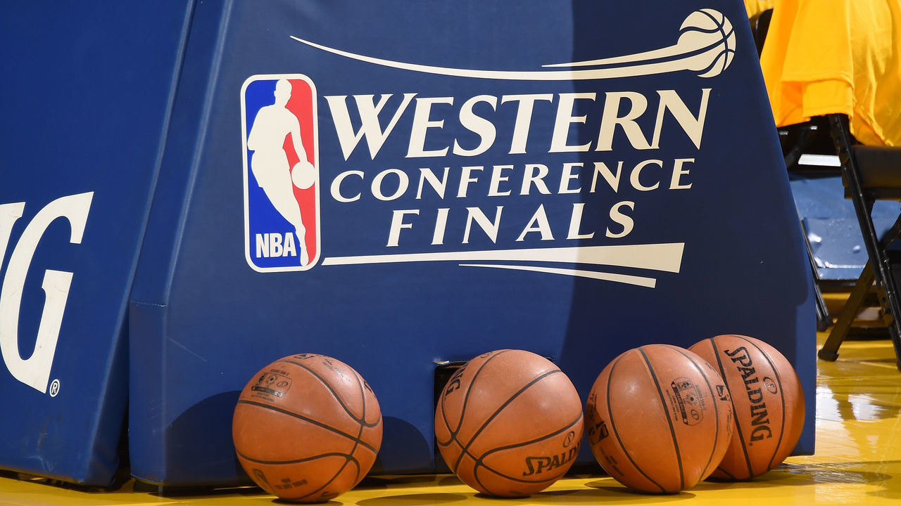 OAKLAND, CA - MAY 14: A view of the Western Conference Finals logo before the game between the San Antonio Spurs and the Golden State Warriors in Game One of the Western Conference Finals of the 2017 NBA Playoffs on May 14, 2017 at ORACLE Arena in Oakland, California. NOTE TO USER: User expressly acknowledges and agrees that, by downloading and/or using this Photograph, user is consenting to the terms and conditions of the Getty Images License Agreement. Mandatory Copyright Notice: Copyright 2017 NBAE