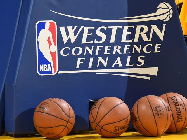 OAKLAND, CA - MAY 14: A view of the Western Conference Finals logo before the game between the San Antonio Spurs and the Golden State Warriors in Game One of the Western Conference Finals of the 2017 NBA Playoffs on May 14, 2017 at ORACLE Arena in Oakland, California. NOTE TO USER: User expressly acknowledges and agrees that, by downloading and/or using this Photograph, user is consenting to the terms and conditions of the Getty Images License Agreement. Mandatory Copyright Notice: Copyright 2017 NBAE