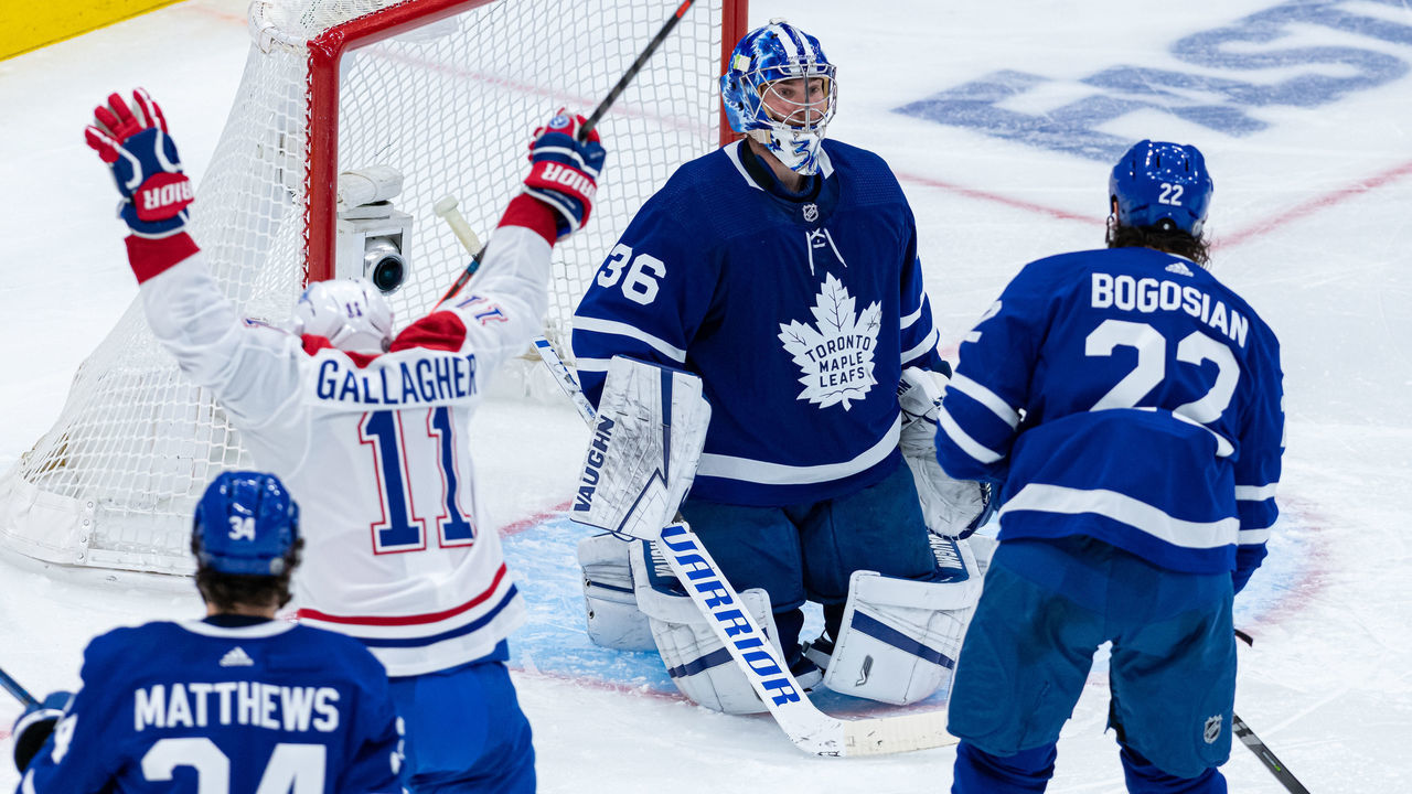 TORONTO, ON - MAY 31: Montreal Canadiens Right Wing Brendan Gallagher (11) celebrates his goal in front of a dejected Toronto Maple Leafs Goalie Jack Campbell (36) during the second period of NHL Stanley Cup Playoffs First Round Game 7 between the Montreal Canadiens and the Toronto Maple Leafs on May 31, 2021, at Scotiabank Arena in Toronto, ON, Canada.