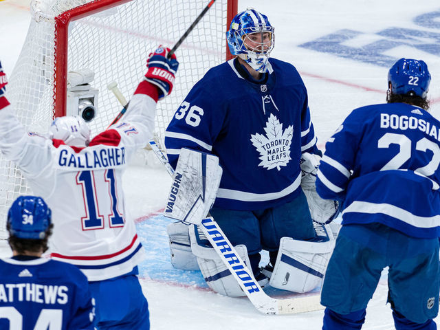 TORONTO, ON - MAY 31: Montreal Canadiens Right Wing Brendan Gallagher (11) celebrates his goal in front of a dejected Toronto Maple Leafs Goalie Jack Campbell (36) during the second period of NHL Stanley Cup Playoffs First Round Game 7 between the Montreal Canadiens and the Toronto Maple Leafs on May 31, 2021, at Scotiabank Arena in Toronto, ON, Canada.