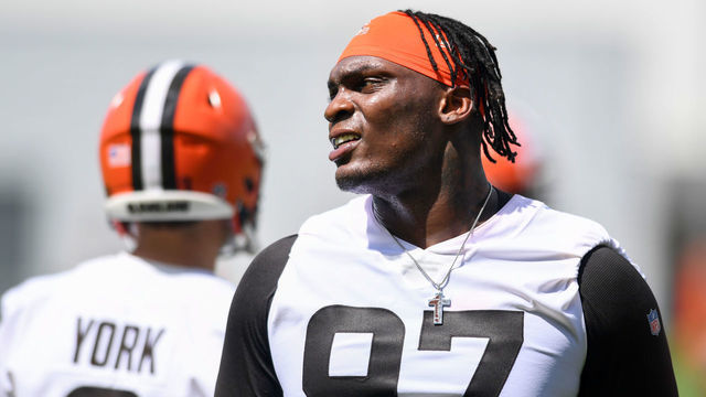 BEREA, OH - MAY 13: Perrion Winfrey #97 of the Cleveland Browns looks on during the first day of Cleveland Browns rookie mini camp at CrossCountry Mortgage Campus on May 13, 2022 in Berea, Ohio.