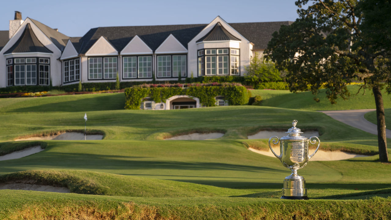TULSA, OKLAHOMA - AUGUST 10: A view of the Wanamaker trophy from the ninth hole at Southern Hills Country Club on August 10, 2021 in Tulsa, Oklahoma.
