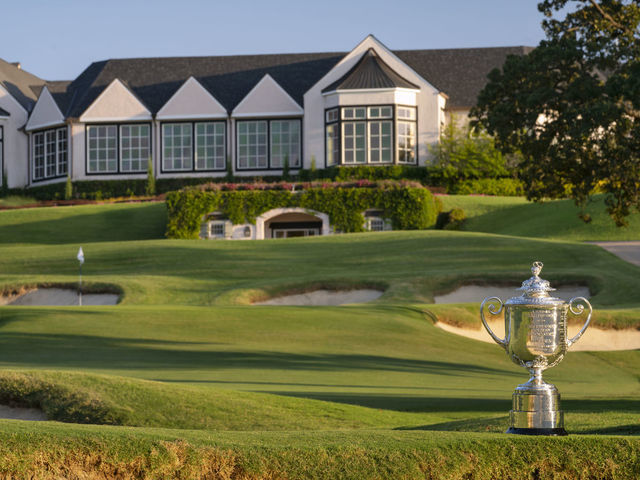 TULSA, OKLAHOMA - AUGUST 10: A view of the Wanamaker trophy from the ninth hole at Southern Hills Country Club on August 10, 2021 in Tulsa, Oklahoma.
