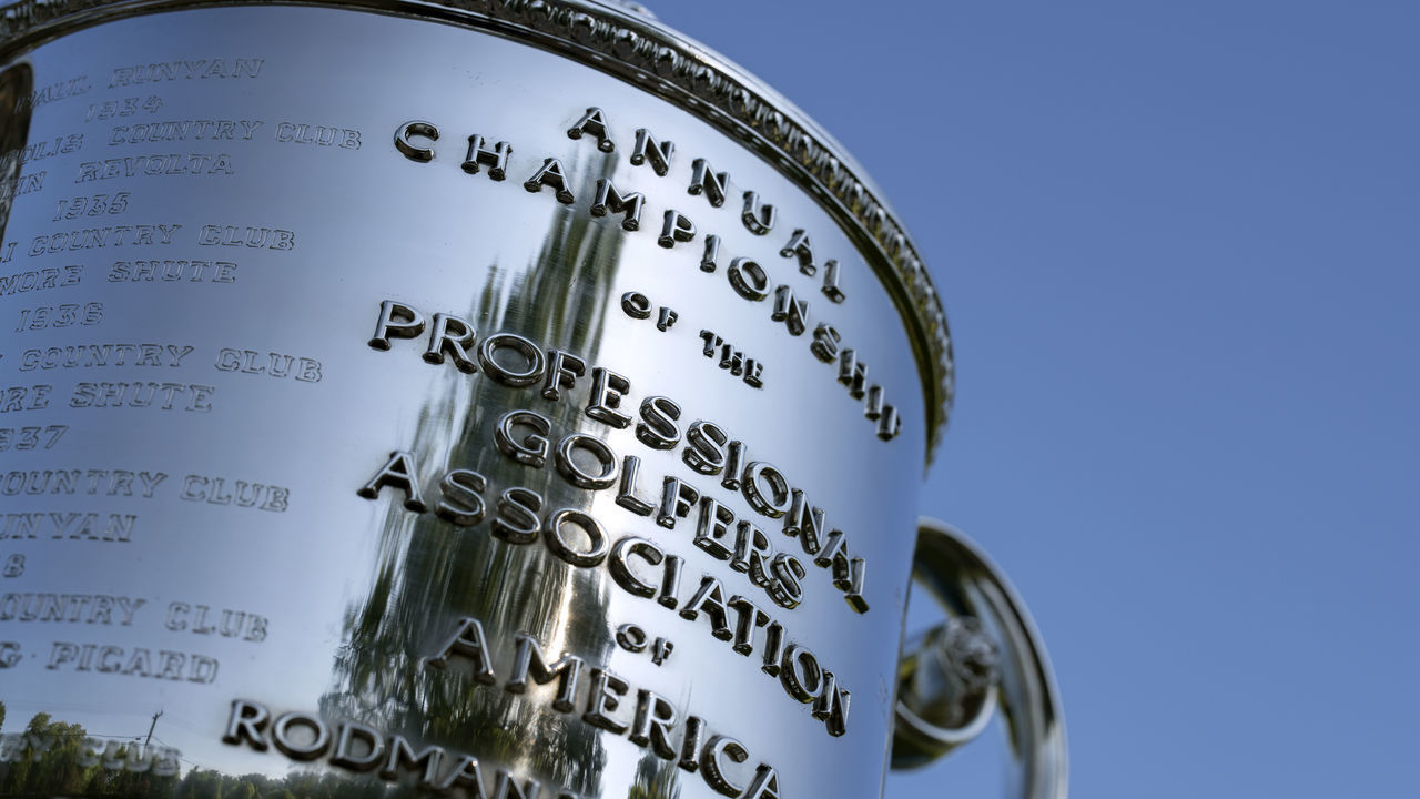 TULSA, OKLAHOMA - AUGUST 10: A view of the Wanamaker trophy at Southern Hills Country Club on August 10, 2021 in Tulsa, Oklahoma.