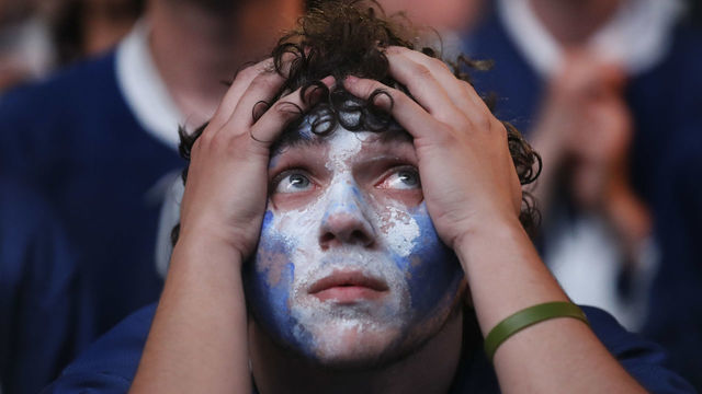 TORONTO, ON - May 12 During third period action, Joseph Ventresca 17 watches the Leaf lead slip away. Maple Leaf Square, the fan zone in front of Scotiabank Arena, was filled to capacity as the Toronto Maple Leafs took on the Tampa Bay Lightning in NHL hockey action in Tampa. This is the sixth game of the first round of playoffs and an opportunity for the Leafs to win the series. May 12 2022 (Richard Lautens/Toronto Star via Getty Images)