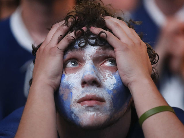 TORONTO, ON - May 12 During third period action, Joseph Ventresca 17 watches the Leaf lead slip away. Maple Leaf Square, the fan zone in front of Scotiabank Arena, was filled to capacity as the Toronto Maple Leafs took on the Tampa Bay Lightning in NHL hockey action in Tampa. This is the sixth game of the first round of playoffs and an opportunity for the Leafs to win the series. May 12 2022 (Richard Lautens/Toronto Star via Getty Images)