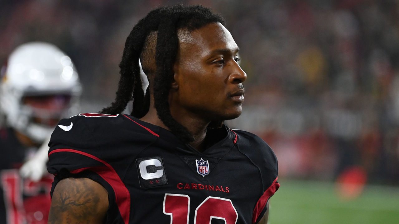 GLENDALE, ARIZONA - OCTOBER 28: DeAndre Hopkins #10 of the Arizona Cardinals looks on from the sidelines against the Green Bay Packers at State Farm Stadium on October 28, 2021 in Glendale, Arizona. Green Bay won 24-21.