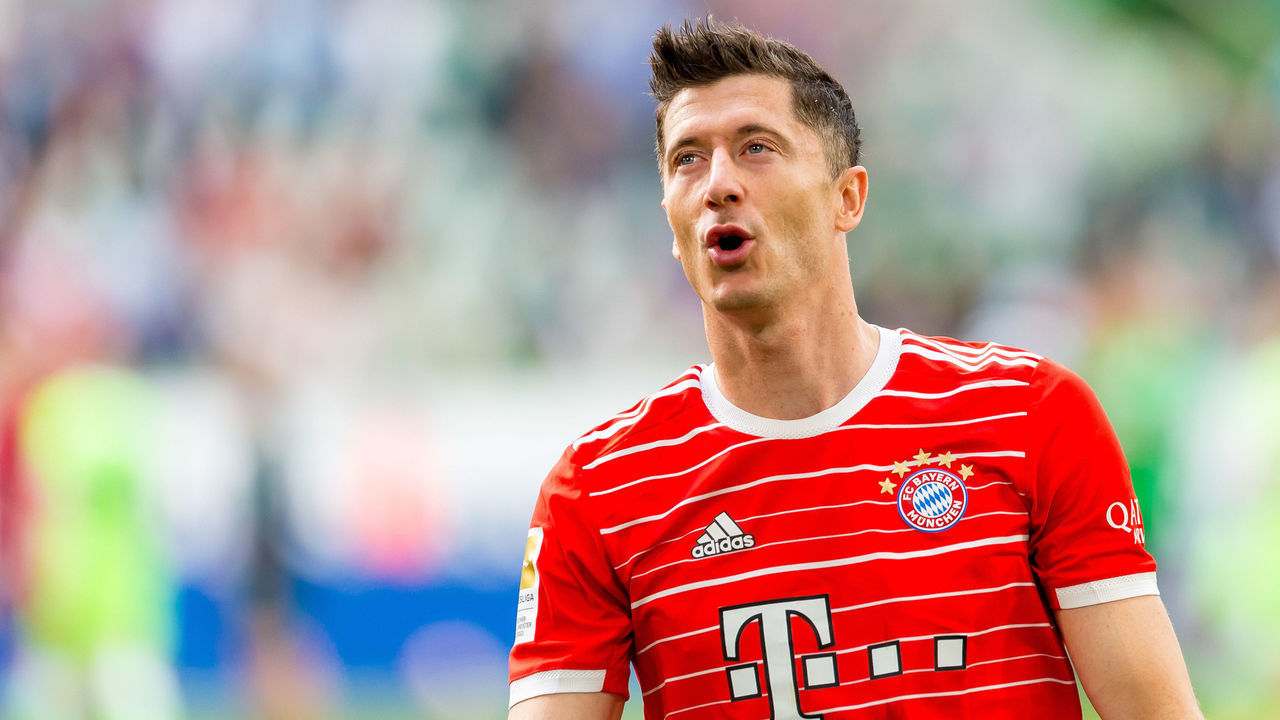 WOLFSBURG, GERMANY - MAY 14: Robert Lewandowski of Bayern Muenchen looks on after the Bundesliga match between VfL Wolfsburg and FC Bayern München at Volkswagen Arena on May 14, 2022 in Wolfsburg, Germany.