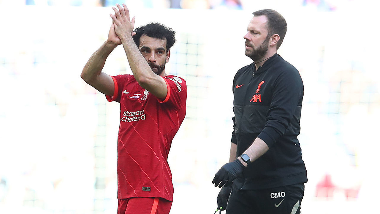 LONDON, ENGLAND - MAY 14: Mohamed Salah of Liverpool goes off injured during The FA Cup Final match between Chelsea and Liverpool at Wembley Stadium on May 14, 2022 in London, England.